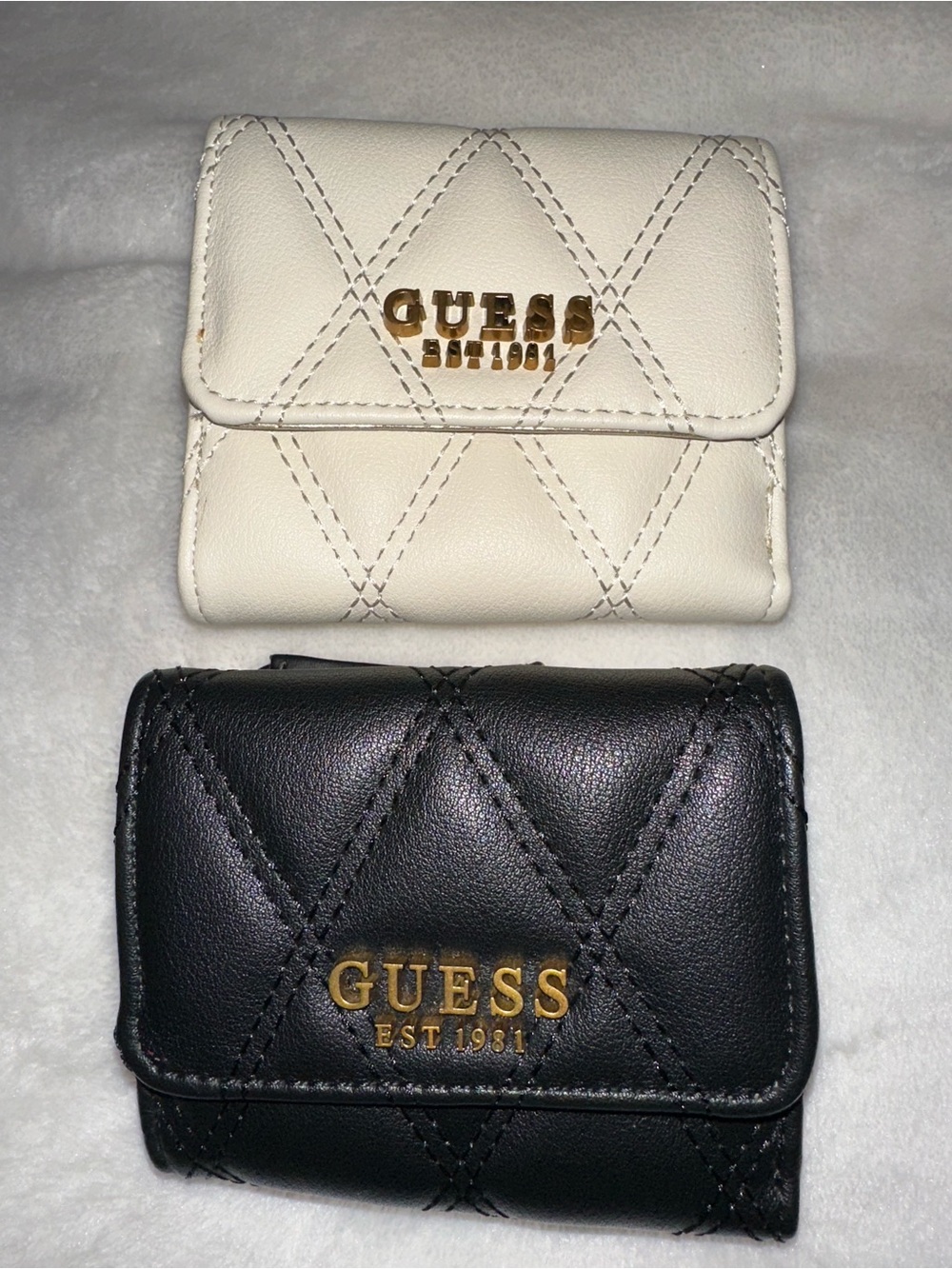 GUESS Quilted Leather Wallets in Black & Cream with Gold Logo